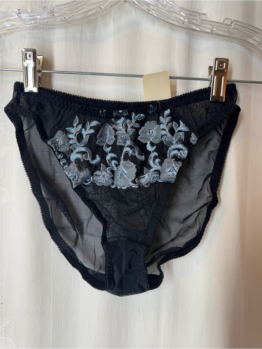 Vintage Felina Black Sheer Brief with Floral Embroidery